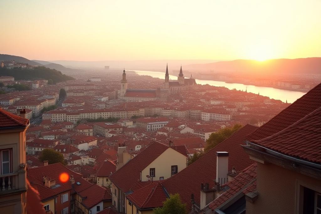 Vue panoramique de Lyon, la ville de la gastronomie, avec ses toits rouges et la Saône reflétant le soleil couchant.