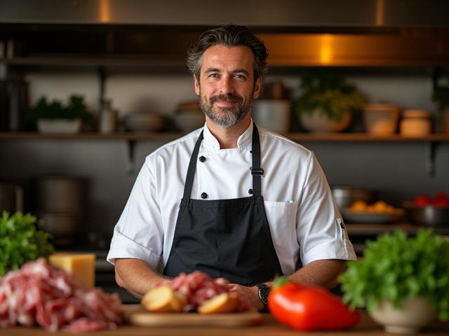 Chef passionné dans une cuisine professionnelle, entouré de produits frais lyonnais.