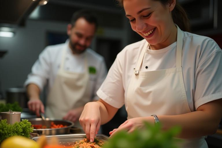 Participant souriant lors d'un atelier de cuisine avec un chef