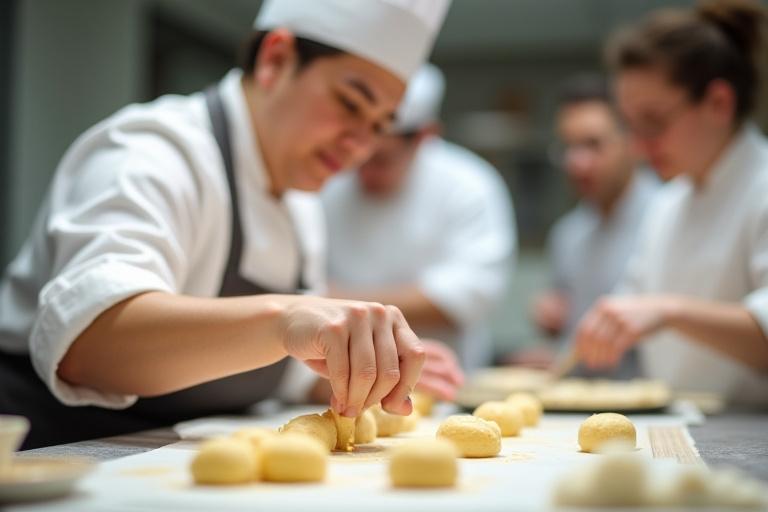 Chef pâtissier démontrant une technique dans un atelier