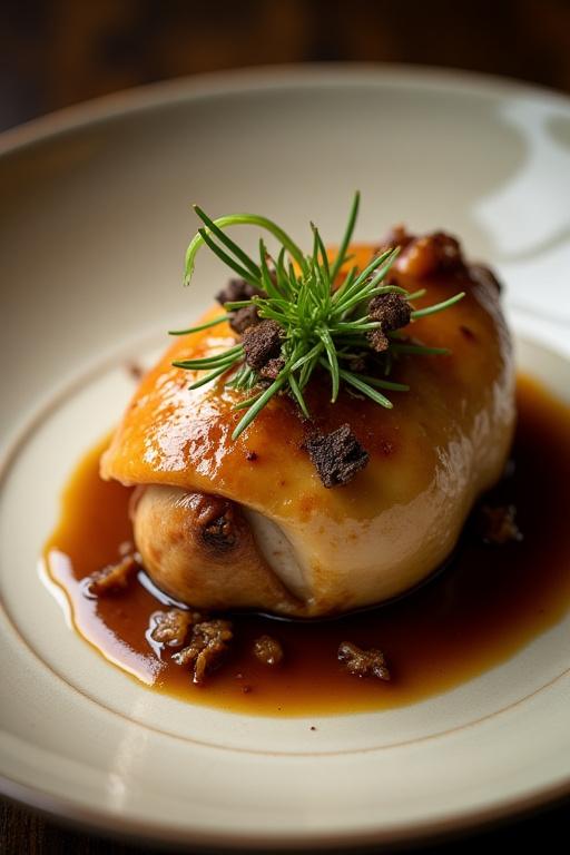 Plat de volaille avec sauce aux truffes, élégamment dressé