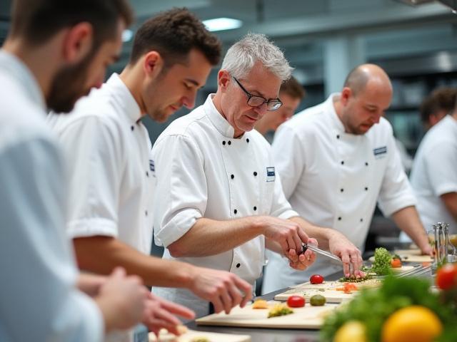 Groupe de chefs participants à un atelier de cuisine de haute gastronomie, avec un instructeur démontrant une technique.