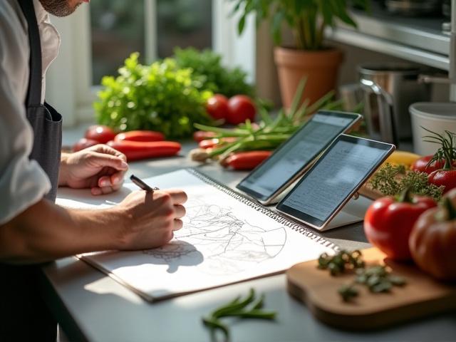 Chef cuisinier en train de dessiner un nouveau menu, entouré d'ingrédients frais et de carnets de recettes.