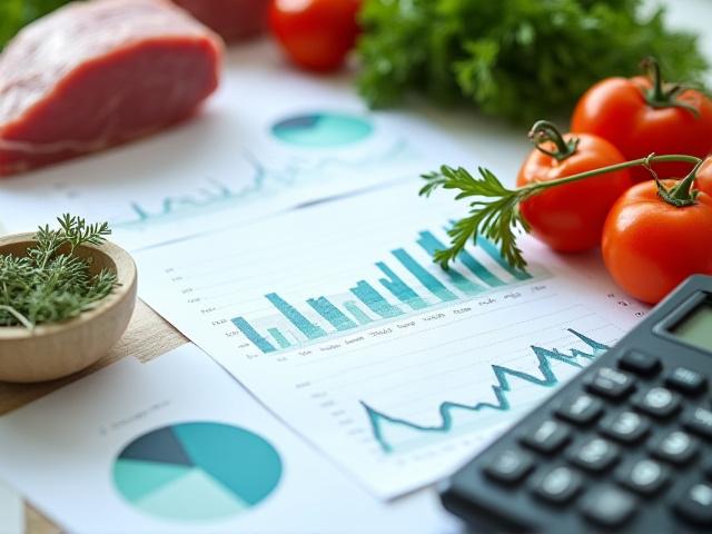 Graphiques financiers et produits frais, symbolisant l'analyse pour l'optimisation des coûts alimentaires dans une cuisine professionnelle.