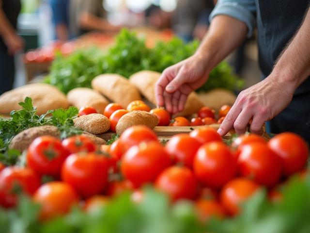Mains d'experts sélectionnant des produits frais et de qualité sur un marché, symbolisant le sourcing de fournisseurs.